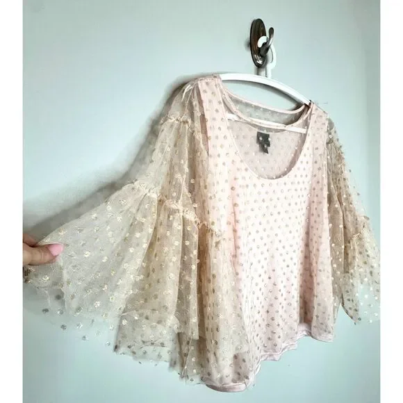 Pink Gold Polka Dot Sheer Bell Sleeve Romantic Fairy Fairycore top L - Picture 3 of 7